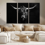 42077175-MGV-FC-48X32-3P_Black-Texas Longhorn Wall Art Canvas Print, Framed Monochrome Bull Art Picture Print, Horned Bull Perfect Rustic Western Decor Artwork