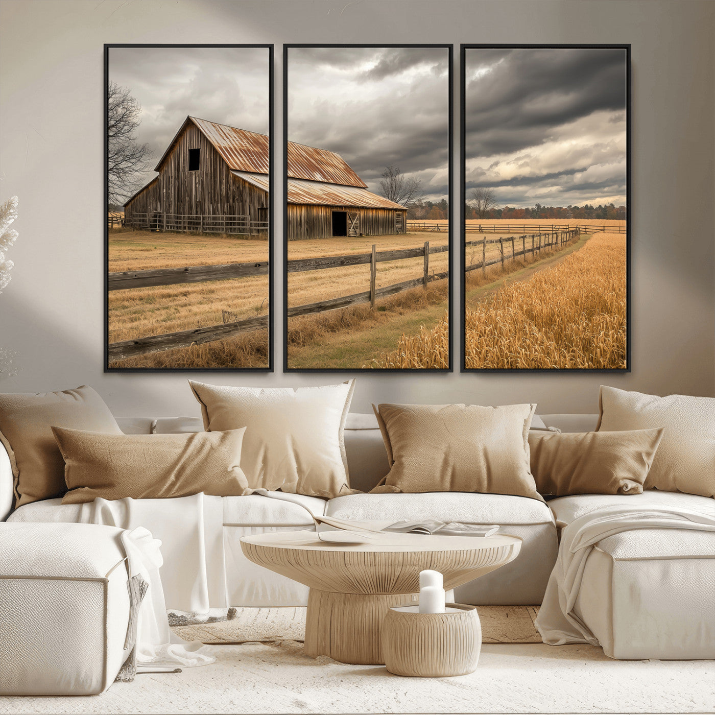 26821575-MGV-FC-48X32-3P_Black-Old Barn Wall Art Canvas Print, Framed Rustic Barn Art Picture Print, Moody Farm Perfect Rustic Farmhouse Decor Artwork