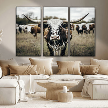 79025945-MGV-FC-48X32-3P_Black-Texas Longhorn Wall Art Canvas Print, Framed Speckled Cow Art Picture Print, Horned Cattle Perfect Rustic Western Decor Artwork