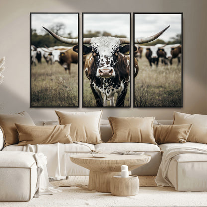 79025945-MGV-FC-48X32-3P_Black-Texas Longhorn Wall Art Canvas Print, Framed Speckled Cow Art Picture Print, Horned Cattle Perfect Rustic Western Decor Artwork