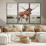 28309012-MGV-CV-36X24-Texas Longhorn Wall Art Canvas Print, Framed Spotted Cattle Art Picture Print, Horned Bull Perfect Rustic Western Decor Artwork