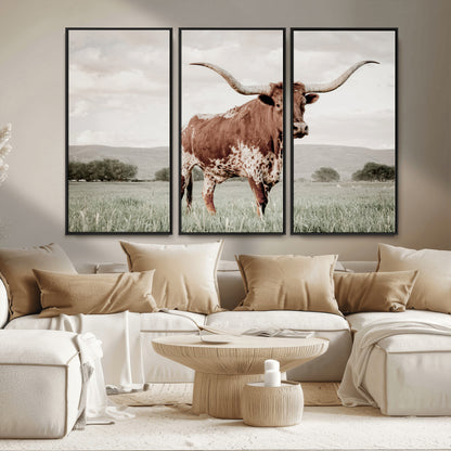 28309012-MGV-CV-36X24-Texas Longhorn Wall Art Canvas Print, Framed Spotted Cattle Art Picture Print, Horned Bull Perfect Rustic Western Decor Artwork