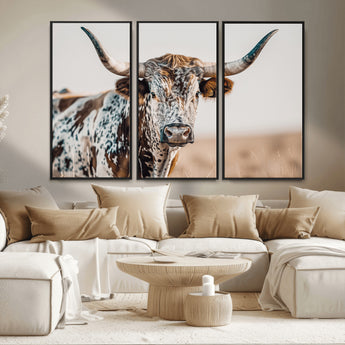 70414966-MGV-CV-36X24-Texas Longhorn Wall Art Canvas Print, Framed Speckled Cow Art Picture Print, Horned Bull Perfect Rustic Western Decor Artwork