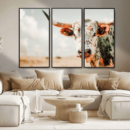 72766375-MGV-FC-48X32-3P_Black-Texas Longhorn Wall Art Canvas Print, Framed Spotted Cow Art Picture Print, Horned Cattle Perfect Rustic Western Decor Artwork