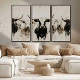 12027562-MGV-FC-48X32-3P_Black-Longhorn Cattle Wall Art Canvas Print, Framed Bison Herd Art Picture Print, Cattle Group Perfect Rustic Farmhouse Decor Artwork