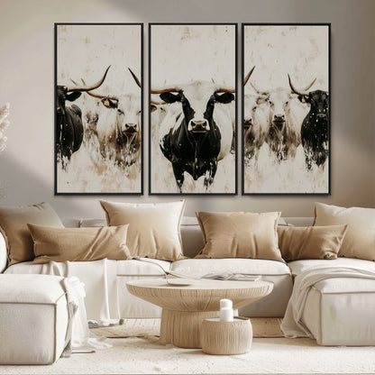 12027562-MGV-FC-48X32-3P_Black-Longhorn Cattle Wall Art Canvas Print, Framed Bison Herd Art Picture Print, Cattle Group Perfect Rustic Farmhouse Decor Artwork