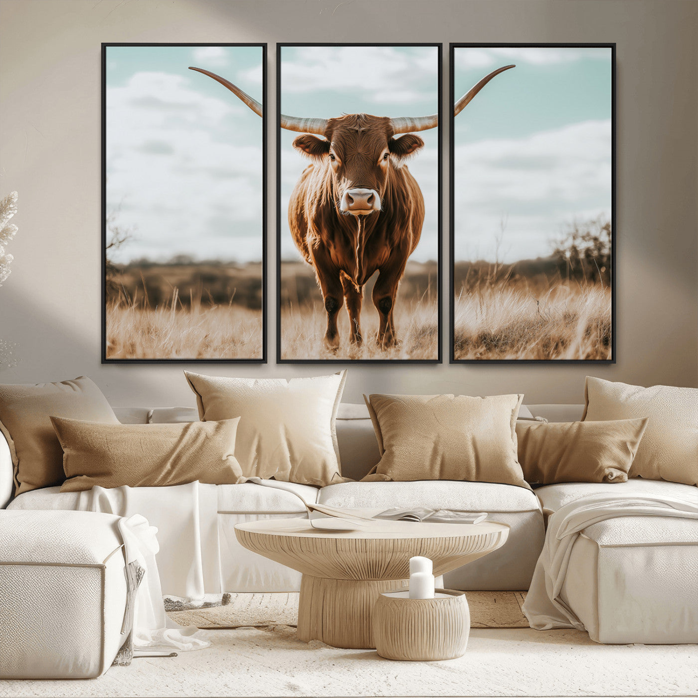 39350715-MGV-CV-36X24-Texas Longhorn Wall Art Canvas Print, Framed Longhorn Cow Art Picture Print, Western Cattle Perfect Rustic Western Decor Artwork