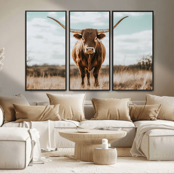 39350715-MGV-CV-36X24-Texas Longhorn Wall Art Canvas Print, Framed Longhorn Cow Art Picture Print, Western Cattle Perfect Rustic Western Decor Artwork