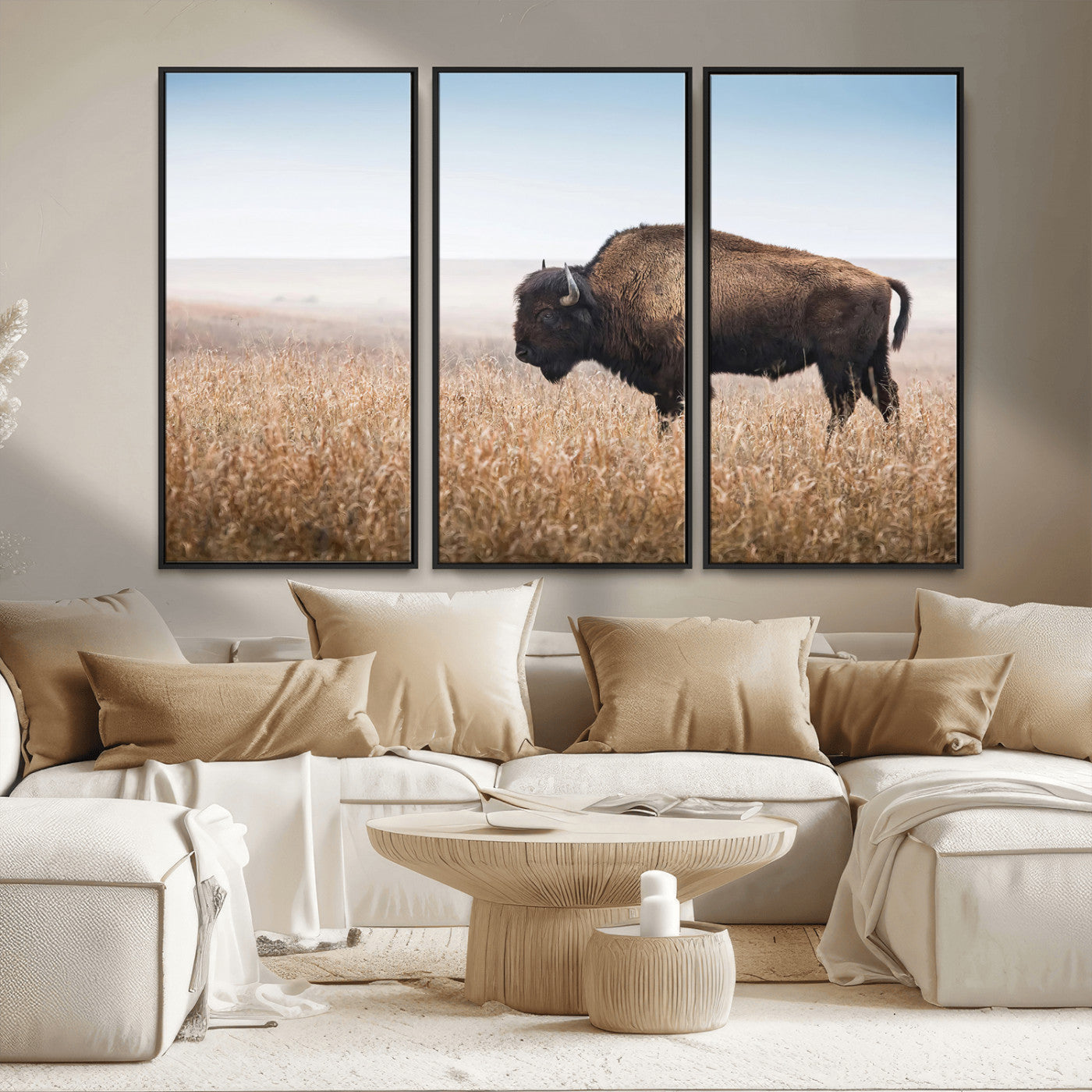 91267849-MGV-FC-48X32-3P_Black-Wild Bison Wall Art Canvas Print, Framed Bison in Prairie Art Picture Print, Rustic Western Perfect Rustic Western Decor Artwork