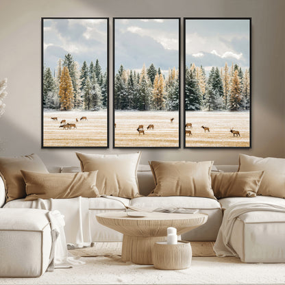 64188182-MGV-CV-36X24-Elk Herd Wall Art Canvas Print, Framed Snowy Forest Art Picture Print, Forest Elks Perfect Neutral Rustic Decor Artwork