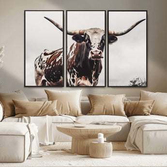 95249234-MGV-FC-48X32-3P_Black-Texas Longhorn Wall Art Canvas Print, Framed Spotted Bull Art Picture Print, Horned Cattle Perfect Rustic Farmhouse Decor Artwork