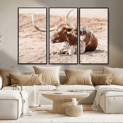 91248682-MGV-CV-36X24-Texas Longhorn Wall Art Canvas Print, Framed Resting Bull Art Picture Print, Spotted Cattle Perfect Rustic Western Decor Artwork