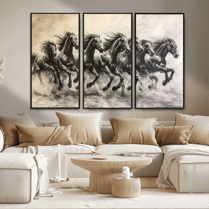 56089591-MGV-CV-36X24-Galloping Horses Wall Art Canvas Print, Framed Wild Stallions Art Picture Print, Horse Herd Sketch Perfect Monochrome Dynamic