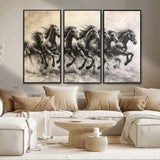 56089591-MGV-FC-48X32-3P_Black-Galloping Horses Wall Art Canvas Print, Framed Wild Stallions Art Picture Print, Horse Herd Sketch Perfect Monochrome Dynamic