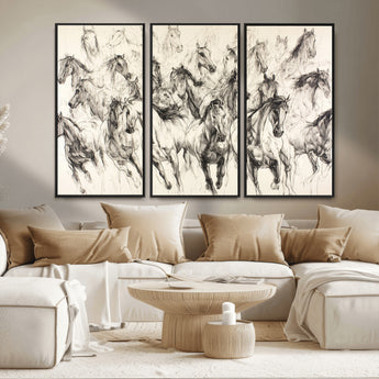 19433417-MGV-CV-36X24-Running Horses Wall Art Canvas Print, Framed Horse Sketch Art Picture Print, Galloping Herd Perfect Monochrome Western Decor