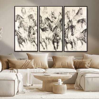 19433417-MGV-CV-36X24-Running Horses Wall Art Canvas Print, Framed Horse Sketch Art Picture Print, Galloping Herd Perfect Monochrome Western Decor
