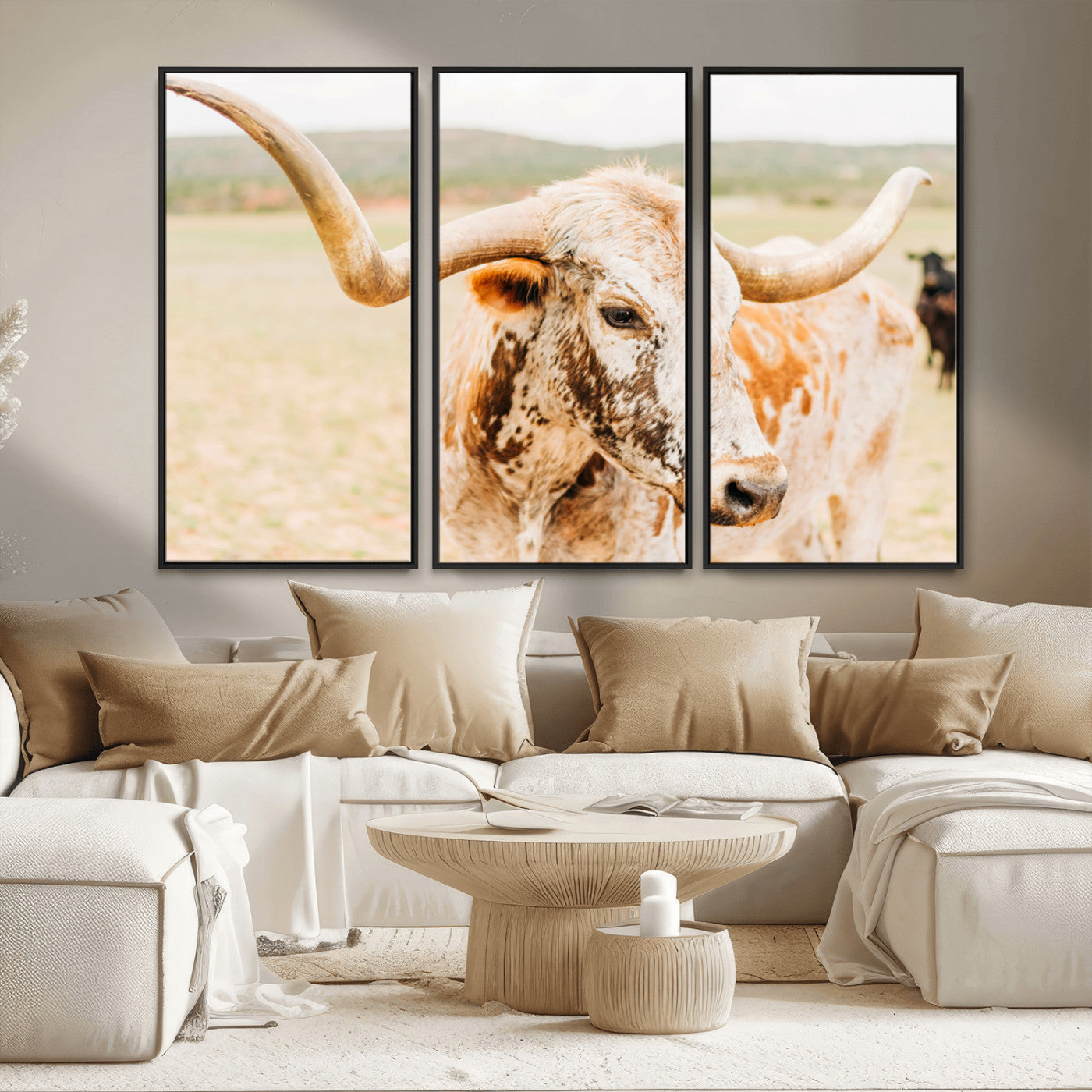 21060648-MGV-FC-48X32-3P_Black-Texas Longhorn Wall Art Canvas Print, Framed Speckled Cow Art Picture Print, Rustic Bull Perfect Rustic Western Decor Artwork