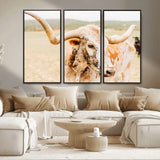 21060648-MGV-FC-48X32-3P_Black-Texas Longhorn Wall Art Canvas Print, Framed Speckled Cow Art Picture Print, Rustic Bull Perfect Rustic Western Decor Artwork