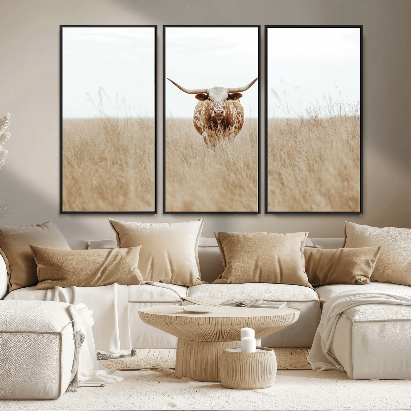 20927060-MGV-CV-36X24-Texas Longhorn Wall Art Canvas Print, Framed Lone Cattle Art Picture Print, Longhorn Bull Perfect Rustic Western Decor Artwork