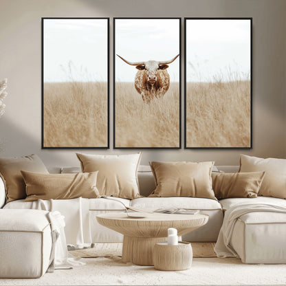 20927060-MGV-CV-36X24-Texas Longhorn Wall Art Canvas Print, Framed Lone Cattle Art Picture Print, Longhorn Bull Perfect Rustic Western Decor Artwork