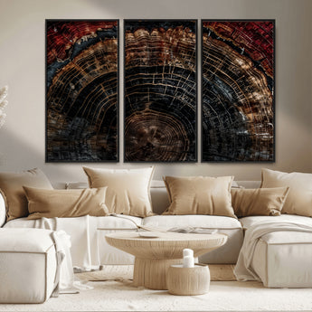 43686762-MGV-FC-48X32-3P_Black-Dark Wood Ring Wall Art Canvas Print, Framed Abstract Wood Tree Art Picture Print, Rustic Tree Slice Perfect Rustic Decor Artwork