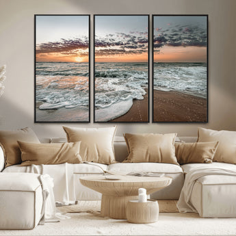 40632752-MGV-FC-48X32-3P_Black-Ocean Sunset Wall Art Canvas Print, Framed Beach Waves Art Picture Print, Coastal Scene Perfect Coastal Decor Artwork