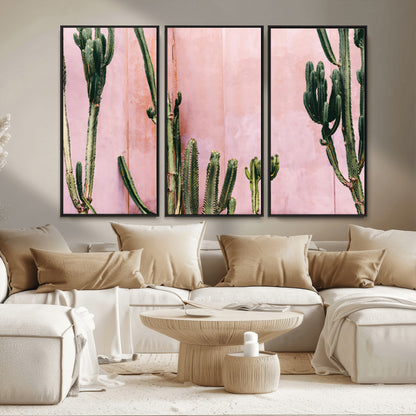93119502-MGV-FC-48X32-3P_Black-Tall Cactus Wall Art Canvas Print, Framed Pink Wall Art Picture Print, Cactus Lines Perfect Modern Desert Decor Artwork