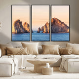 72996116-MGV-FC-48X32-3P_Black-El Arco Wall Art Canvas Print, Framed Cabo Rocks Art Picture Print, Ocean Arch Perfect Golden Coastal Landmark Decor Artwork