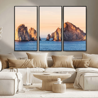 72996116-MGV-FC-48X32-3P_Black-El Arco Wall Art Canvas Print, Framed Cabo Rocks Art Picture Print, Ocean Arch Perfect Golden Coastal Landmark Decor Artwork