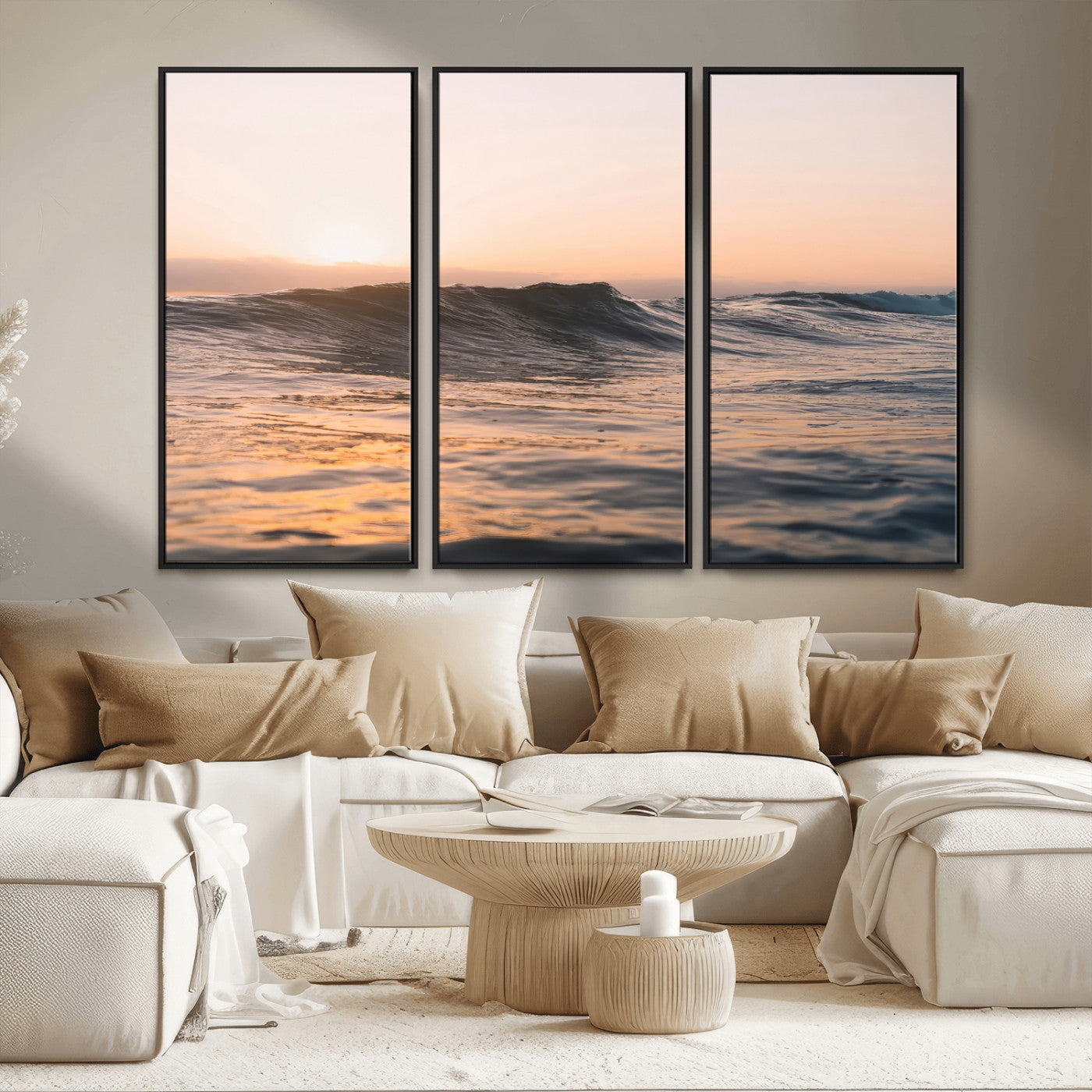 46299358-MGV-FC-48X32-3P_Black-Sunset Waves Wall Art Canvas Print, Framed Ocean Horizon Art Picture Print, Golden Water Perfect Golden Hour Coastal Decor Artwork