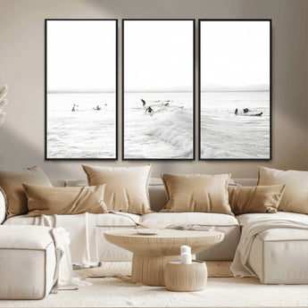 33449548-MGV-CV-36X24-Group Surfers Wall Art Canvas Print, Framed Ocean Wave Art Picture Print, Surf Crowd Perfect Monochrome Surf Decor Artwork