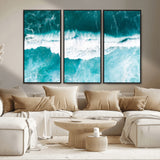 23828594-MGV-CV-36X24-Aerial Waves Wall Art Canvas Print, Framed Ocean Break Art Picture Print, Sea Foam Perfect Tropical Coastal Decor Artwork