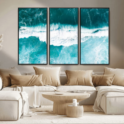 23828594-MGV-FC-48X32-3P_Black-Aerial Waves Wall Art Canvas Print, Framed Ocean Break Art Picture Print, Sea Foam Perfect Tropical Coastal Decor Artwork