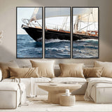 97168626-MGV-CV-36X24-Sailing Yacht Wall Art Canvas Print, Framed Wooden Yacht Art Picture Print, Ocean Waves Perfect Nautical Coastal Decor Artwork