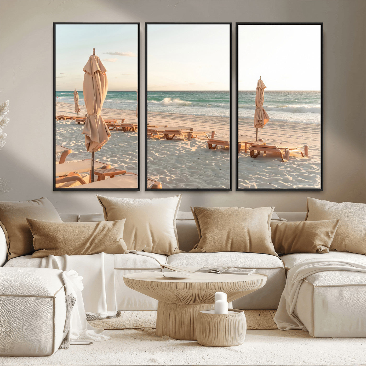 58507949-MGV-CV-36X24-Beach Umbrellas Wall Art Canvas Print, Framed Empty Loungers Art Picture Print, Soft Sand Perfect Minimalist Seaside Decor Artwork