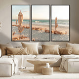 58507949-MGV-CV-36X24-Beach Umbrellas Wall Art Canvas Print, Framed Empty Loungers Art Picture Print, Soft Sand Perfect Minimalist Seaside Decor Artwork