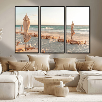 58507949-MGV-CV-36X24-Beach Umbrellas Wall Art Canvas Print, Framed Empty Loungers Art Picture Print, Soft Sand Perfect Minimalist Seaside Decor Artwork