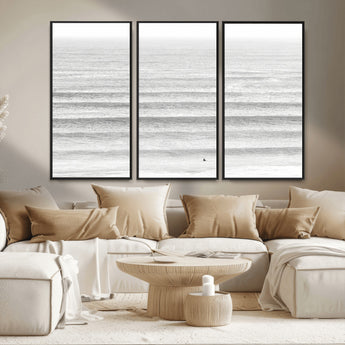 66534476-MGV-CV-36X24-Lone Surfer Wall Art Canvas Print, Framed Ocean Waves Art Picture Print, Minimal Sea Perfect Minimal Coastal Decor Artwork