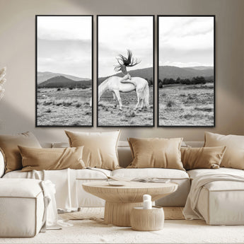 62789800-MGV-CV-36X24-White Horse Wall Art Canvas Print, Framed Woman Rider Art Picture Print, Equestrian Pose Perfect Western Boho Decor Artwork