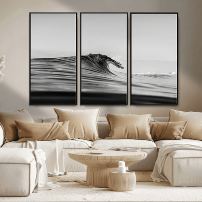 24029476-MGV-FC-48X32-3P_Black-Black Wave Wall Art Canvas Print, Framed Abstract Surf Art Picture Print, Minimalist Ocean Perfect Minimalist Coastal Decor