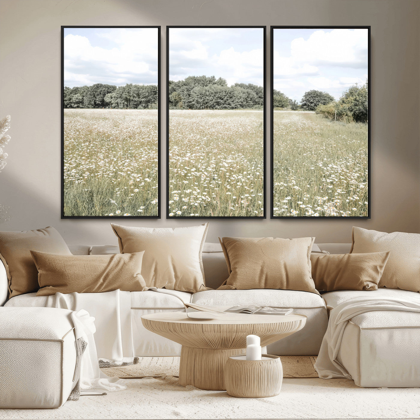 43258946-MGV-FC-48X32-3P_Black-Daisy Field Wall Art Canvas Print, Framed Pastel Flower Art Picture Print, Meadow Bloom Perfect Scandinavian Minimalist Decor