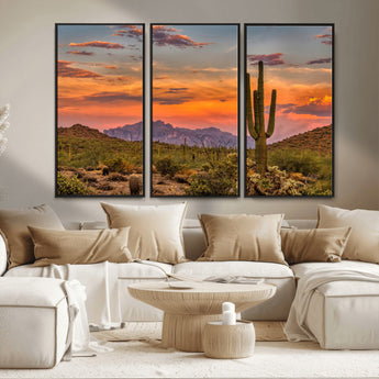 25332783-MGV-CV-36X24-Saguaro Cactus Wall Art Canvas Print, Framed Arizona Sunset Art Picture Print, Sonoran Desert Perfect Southwestern Boho Decor