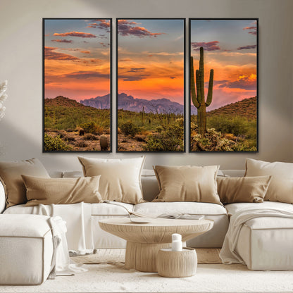 25332783-MGV-CV-36X24-Saguaro Cactus Wall Art Canvas Print, Framed Arizona Sunset Art Picture Print, Sonoran Desert Perfect Southwestern Boho Decor