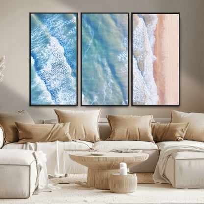 17641845-MGV-CV-36X24-Aerial Ocean Wall Art Canvas Print, Framed Blue Waves Art Picture Print, Sandy Shoreline Perfect Modern Coastal Decor Artwork