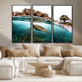 44200301-MGV-CV-36X24-Sea Turtle Swim Wall Art Canvas Print, Framed Ocean Life Art Picture Print, Tropical Shoreline Perfect Tropical Coastal Decor