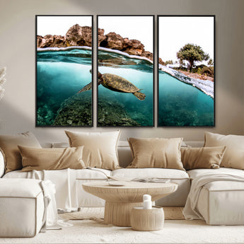 44200301-MGV-CV-36X24-Sea Turtle Swim Wall Art Canvas Print, Framed Ocean Life Art Picture Print, Tropical Shoreline Perfect Tropical Coastal Decor