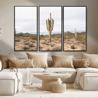 96147924-MGV-FC-48X32-3P_Black-Saguaro Cactus Wall Art Canvas Print, Framed Desert Cactus Art Picture Print, Earthy Desert Perfect Southwestern Boho Decor