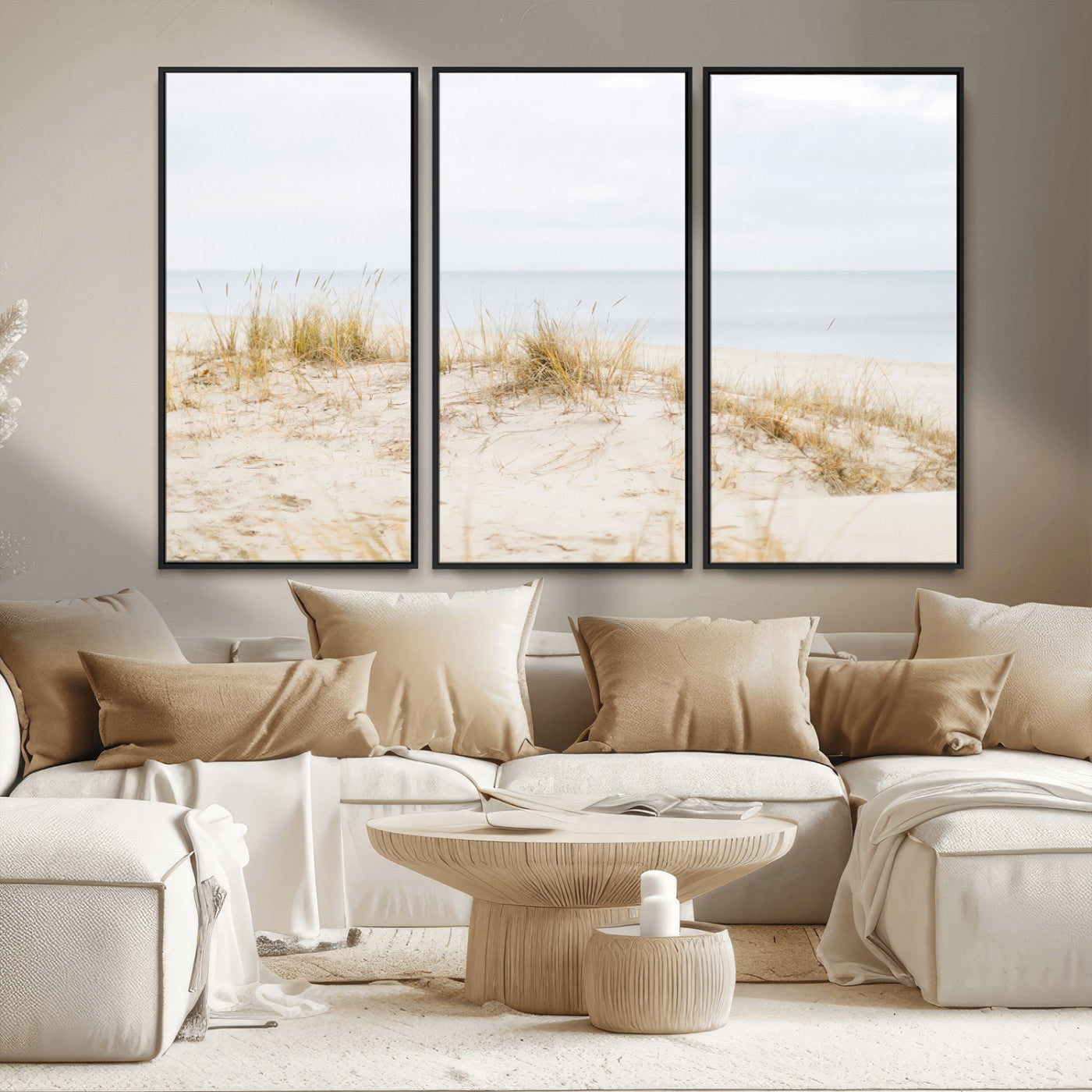 13146857-MGV-FC-48X32-3P_Black-Beach Dunes Wall Art Canvas Print, Framed Soft Horizon Art Picture Print, Coastal Grass Perfect Minimalist Coastal Decor Artwork