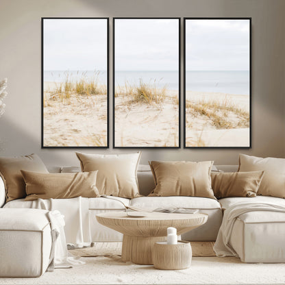 13146857-MGV-FC-48X32-3P_Black-Beach Dunes Wall Art Canvas Print, Framed Soft Horizon Art Picture Print, Coastal Grass Perfect Minimalist Coastal Decor Artwork