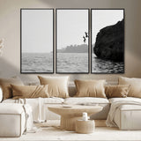 52284302-MGV-CV-36X24-Cliff Jumping Wall Art Canvas Print, Framed Ocean Adventure Art Picture Print, Black White Coast Perfect Modern Coastal Decor